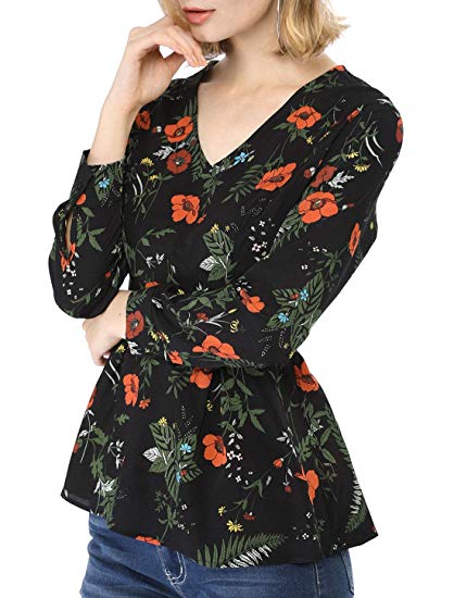 Allegra K Women's Vintage Peplum Blouse Top V-Neck Long Sleeve Floral Shirts