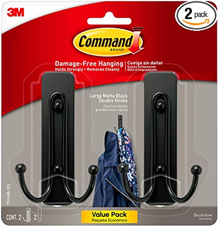 Command 17036MB-2ES Large Matte Wall Hooks, Black