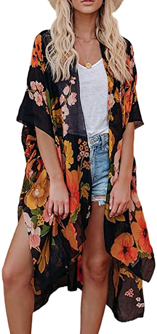 Dokotoo Womens Open Front Printed Loose Style Kimonos Casual Bikini Set Swimwear Cover Up