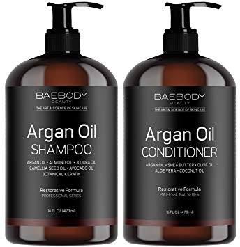 Moroccan Argan Oil Shampoo & Conditioner Set 16 Oz - Volumizing & Moisturizing, Gentle on Curly & Color Treated Hair, for Men & Women. Infused with Keratin.