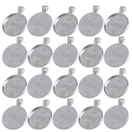 BCP 20pcs 1inch Circle Pendant Blank Tray Cabochon Settings (Silver Color)