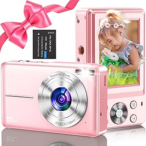 Digital Camera, Vlogging Camera Rechargeable Digital Cameras FHD 1080P 44MP Compact Camera with 16X Digital Zoom, Portable Mini Camera with 1 Battery for Teens,Kids,Beginners（Pink）