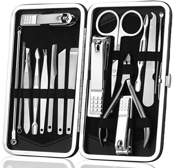 Manicure Set Nail Clippers Pedicure Kit -16 in 1 Stainless Steel Manicure Set, Portable Nail Scissors Grooming Kit, Tweezers & Nail File Kit in Travel Case Nail File Nail Clippers Set Cutter for Men/Women/baby with Black Leather Case
