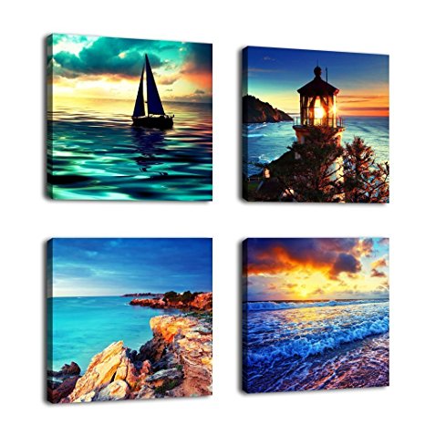 Canvas Wall Art Sunset Sea Beach Painting 12" by 12" 4 Pieces Canvs Art Nature Picture Framed and Ready to Hang