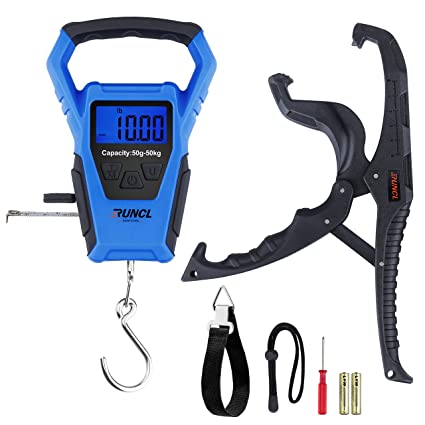 RUNCL Waterproof Fishing Scale with Lip Gripper, Digital Hanging Scale with 40 Inch Built-in Tape, Three Mode-LB/OZ/KG, Non-Slip Big Handle, 110 lb/50kgs, Memory Storage, Backlit LCD (L, Blue)