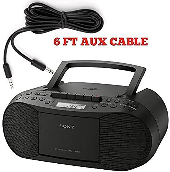 Sony Stereo CD/MP3 Cassette Boombox, AM/FM Radio, Cassette Recorder, Headphone & Auxiliary Jacko, Black - Includes a 6 FT Aux Cable