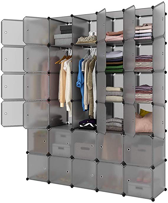 LANGRIA 30-Cube Storage Organizer Large Gray DIY Stackable Easy Assemble Plastic Steel Frame Decorative Modular Clutter-Free Closet Yarn Stash Wardrobe for Homes, Living Rooms, and Gardens