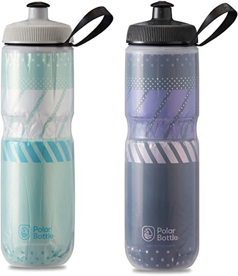 Polar Bottle 2 Pack Tempo Sport Insulated 24 Oz Water Bottle - Mint/White and Charcoal/Pink Combo - BPA Free, Sports Water Bottle with Tri-Layer Insulation and Leak Proof Sport Cap