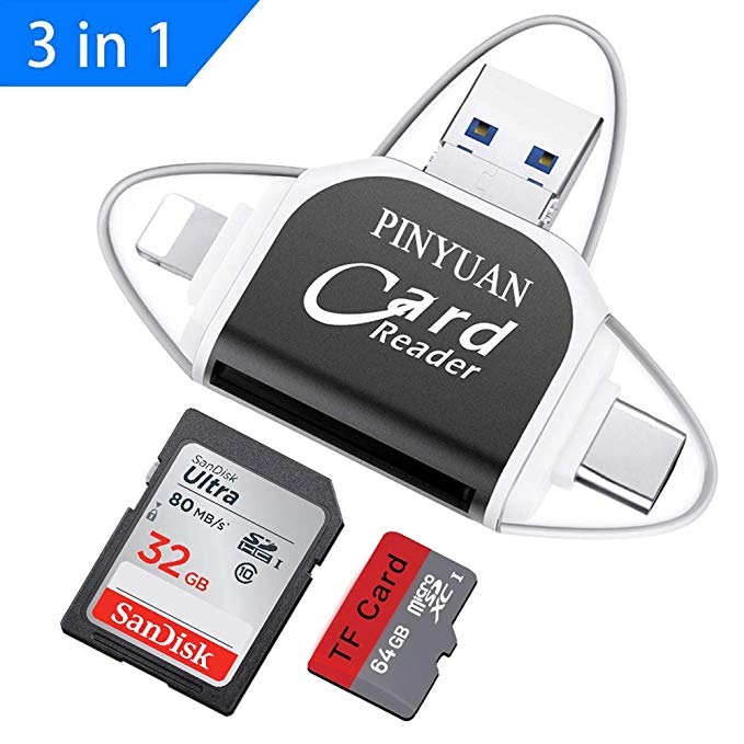 SD Card Reader,Memory Micro SD Card Reader USB Type C Adapter Viewer Compatible with iPhone iPad Android Mac - with 8pin Micro USB Type C 4 in 1
