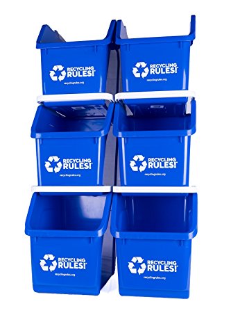 Blue Stackable Recycling Bin Container with Handle 6 Gallon - 6 Pack of Bins