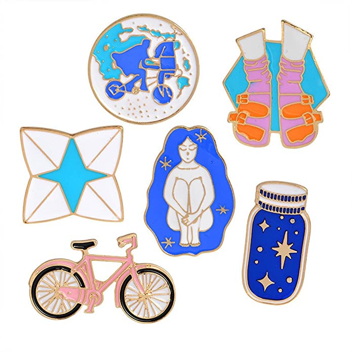 MJartoria 6/7/8PCS Cute Pins for Backpack-Cartoon Earth Bike Little Girl Enamel Cool Brooch Pin Badges Set for Backpack Clothes Bags Pins Set Novelty Pins for Backpacks Enamel Pins for Girls
