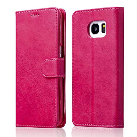 ZTOFERA Leather Case for Samsung Galaxy S7 Edge,Ultra Slim [Magnetic Closure] Retro Vintage TPU Folio Flip Wallet Stand with [Card Slots] Case for Samsung Galaxy S7 Edge - Hot Pink