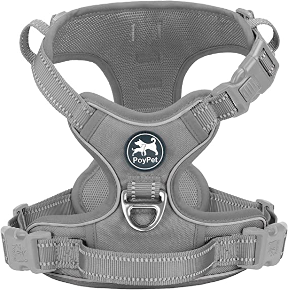 PoyPet No Pull Dog Harness, No Choke Reflective Dog Vest, Adjustable Pet Harnesses with Easy Control Padded Handle for Small Medium Large Dogs(Gray,M)