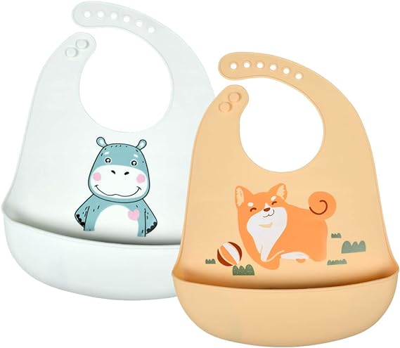 Vicloon Silicone Baby Bib, 2PCS Baby Weaning Bibs, Adjustable Waterproof Baby Feeding Bibs with Food Catcher Pocket, Unisex Soft and Easily Wipe Clean for Infant Toddler, Hippo & Puppy