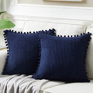 Fancy Homi Pack of 2 Big Decorative Throw Pillow Covers 26X26 with Pom-poms, Soft Corduroy Solid Square Cushion Pillow Cases Set for Couch Sofa Bedroom Car Living Room (26x26 Inch/66x66 cm, Navy Blue)