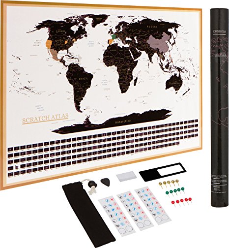 Scratch Off World Map - Complete Deluxe Classic Wall Atlas Set w/ US & AUS borders, Flags, Pins, Stickers & Scratch Tool/ Share Your Adventures/Best Gift for Travelers (33.15x22.84in -A1 Frame)