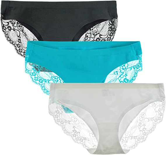 LIQQY Women's 3 Pack Low Rise Cotton Lace Coverage Bikini Panties Underwear