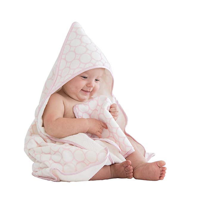 SwaddleDesigns Organic Cotton Terry Velour Hooded Towel, Pastel Pink Mod Circles