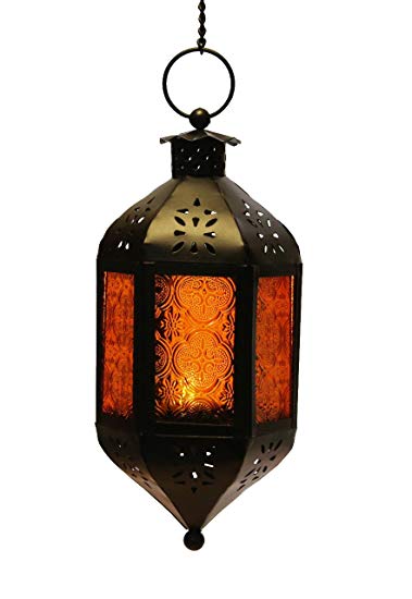 Amber Glass Hanging Moroccan Candle Lantern with Chain