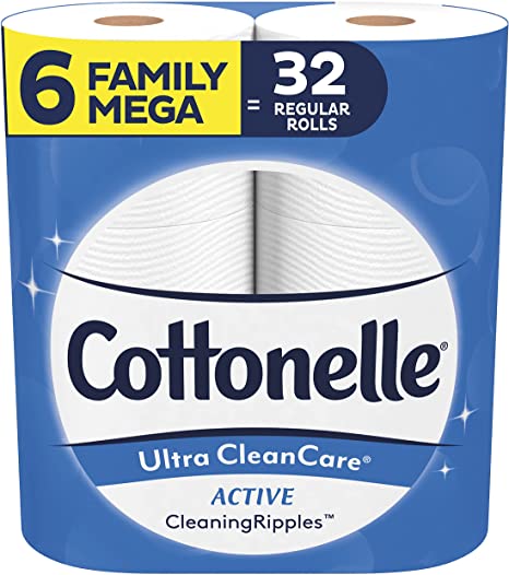 Cottonelle Ultra CleanCare Strong Toilet Paper with Active Cleaning Ripples, 6 Family Mega Rolls, Bath Tissue (6 Family Mega Rolls = 32 Regular Rolls)