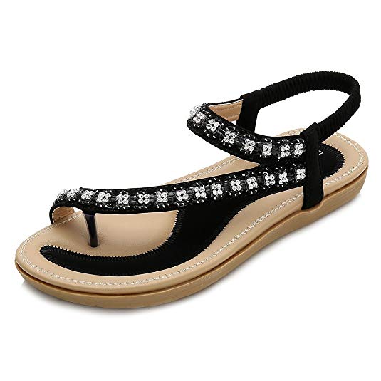 Wollanlily Women Summer Beach Bohemia Flat Sandals Rhinestones T Strap Ankle Strap Flip-Flop Thong Shoes