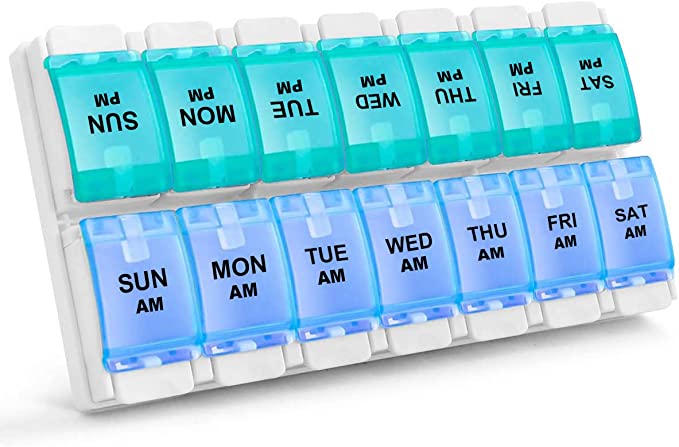 Sukuos Weekly 7 Day Pill Organizer, 2 Times A Day Pill Box Pill Cases (AM PM), BPA Free Medicine Organizer for Pills/Vitamin/Fish Oil/Supplements, Arthritis Friendly Push Button, Easy to Clean