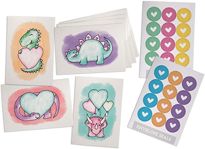 Adorable Dinosaurs with Hearts Note Cards - 24 Cards with Envelopes & Colorful Sticker Seals - Dinosaur Cards for School Valentine's