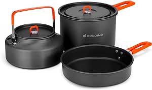 Odoland Camping Cookware Mess Kit, Camping Cooking Pot Fry Pan and 1.1L Kettle Set, Portable Camping Cookware Set with Mesh Bag for Camping, Backpacking, Outdoor Cooking and Picnic