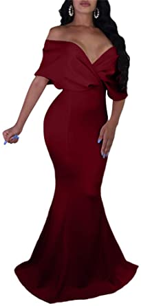 GOBLES Women Sexy V Neck Off The Shoulder Evening Gown Fishtail Maxi Dress