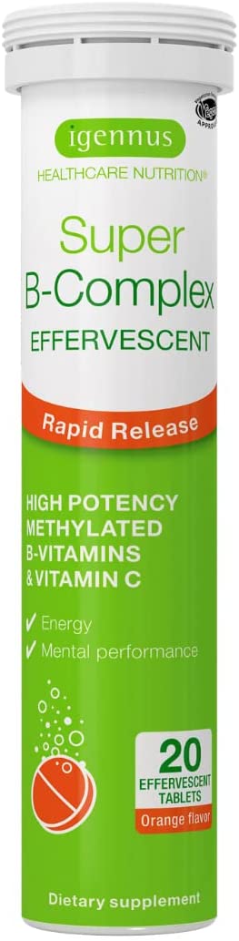 Super B-Complex Effervescent Energy Supplement with Vitamin C, Fast Action, Caffeine-Free, Sugar-Free, Orange Flavor, Vegan, 20 Tablets, by Igennus