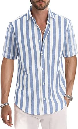 JMIERR Mens Short Sleeve Button Up Shirts Hawaiian Casual Linen Shirt Striped Dress Shirt Solid Color Golf Shirts