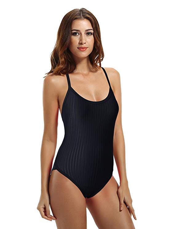 zeraca Women's Athletic Thin Strap Back One Piece Swimsuit