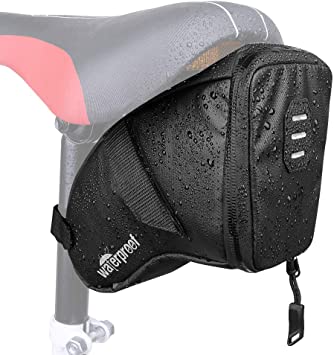 WOTOW Bike Saddle Bag, Waterproof Bicycle Wedge Pack Strap-on Pouch with Water Resistant Zipper & Rear Light Loop PU Coating for Mini Cycling Pumps Repair Tools MTB Folding Cycles Pocket Pack Riding Supplies (1.5L)