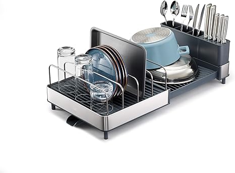 Joseph Joseph Extend Max Steel Expanding Dish Drainer Rack, with high Capacity Large for Items, Cutlery and Knife Holder, Swivel Draining Spout, Stainless Steel