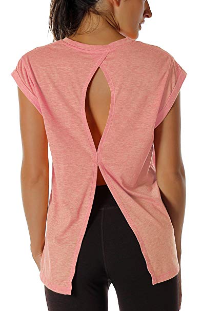 icyzone Open Back Workout Top Shirts - Yoga t-Shirts Activewear Exercise Tops for Women