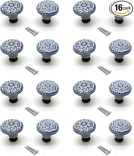 Ceramic Door Knobs, Drawer Pulls and Knobs,Vintage Drawer Knobs,with Mounting Screws,Decorate Knobs,1.3" Dia.,Grey,16pcs