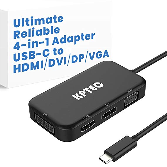 Ultimate 4-in-1 4K USB-C to HDMI, DVI, VGA DisplayPort DP Hub Adapter, Compact USB 3.1 Type C Multiport UHD Converter for MacBook Pro 2017, Laptop, Notebook, Thunderbolt 3 Compatible Devices, Black