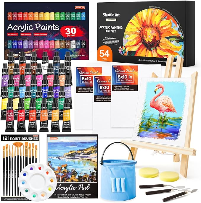 Shuttle Art 54 Pack Acrylic Paint Set, Acrylic Painting Set with 30 Colors Acrylic Paint, Wooden Easel, Painting Canvas, Paint Brushes, Palette, Art Painting Supplies for Kids Adults Beginner Artists