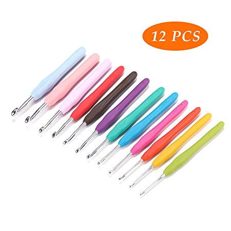 CO-Z Colorful Aluminum Crochet Hooks Needles Set with Ergonomic Handles, Perfect for Any Patterns & Yarns Smooth Needle (12Pieces)