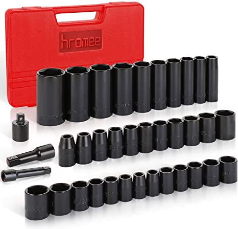 Hromee 3/8" and 1/2" Drive Impact Socket Set, Deep and Shallow, Standard SAE and Metric, 3/8" - 1-1/4" and 8 mm - 32 mm, 38 Pieces CR-V and 6-Point Impact Socket Set with Extension Bar and Adapter