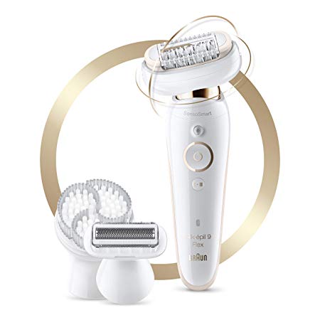 Braun Epilator for Women with Flexible Head, Silk-épil 9 9-030 for Hair Removal, Womens Shaver & Trimmer, Wet & Dry, Cordless, Rechargeable, Beauty Kit with Body Exfoliation Cap, White/Gold