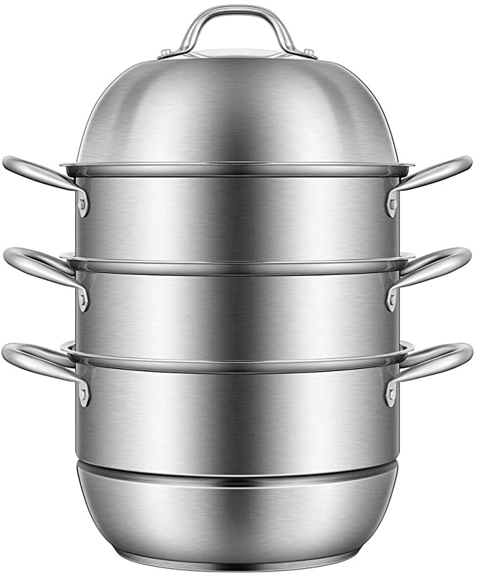 VIVOHOME 3-Tier 10Qt 12.6 Inch 304 Stainless Steel Steamer Pot Steaming Cookware Saucepot with Tempered Glass Lid, Work with Gas, Electric, Induction Oven, Grill Stove Top, Dishwasher Safe