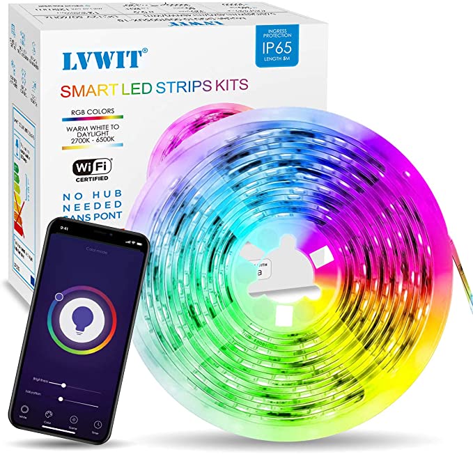 LVWIT Smart WiFi LED Strip Lights Compatible with Alexa, Google Home Brighter 5050 LED, 16 Million Colors Phone App Controlled Music Light Strip for Home, Kitchen, TV, Party, RGBW(2700K-6500K) 16.4ft