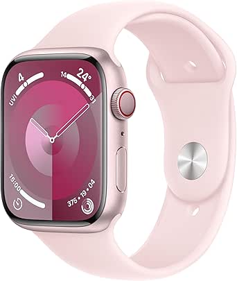 Apple Watch Series 9 (GPS   Cellular, 45 mm) Smartwatch mit Aluminiumgehäuse in Pink und Sportarmband S/M in Hellrosa. Fitnesstracker, Blutsauerstoff und EKG Apps, Always-On Retina Display