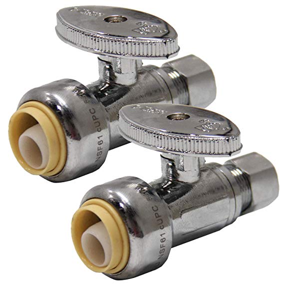 (Pack of 2) EFIELD Höger Push Fit 1/4 Turn Straight Stop Valve Water Shut Off 1/2 Push x 3/8 Inch Compression Chrome (2)