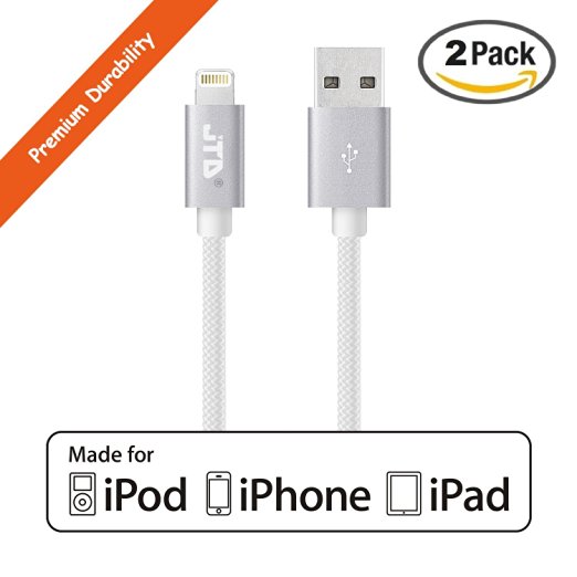 JTD ® 2-Pack 3ft Nylon Braided Lightning to USB Data Cable Charger Cord 3ft / 0.9m with Ultra-Compact Connector Head for iPhone 6S, 6 Plus iPad Air mini, iPod touch [Apple MFi Certified] (Silver)