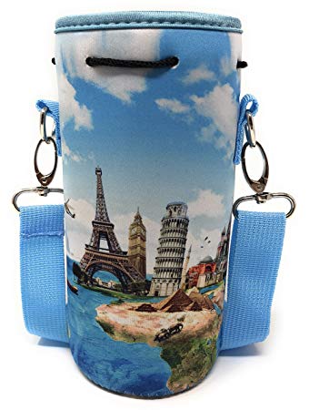 Neoprene Water Bottle Carrier Bag Pouch Cover, Insulated Water Bottle Holder (32 oz / 1-1.5L) w/ 49" Adjustable Padded Shoulder Strap - Great for Stainless Steel, Glass, or Plastic Bottles by MEK