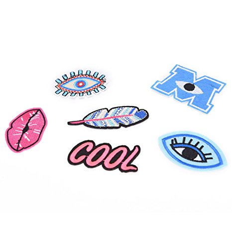 TUANTUAN 6 Pcs/Set Embroidered Sew Iron on Patches Mixed Cartoon Lip,Eye,Leaf Letters Shaped Appliques
