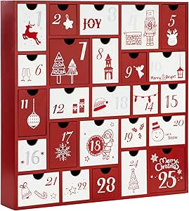 2024 Wooden Advent Calendar, 13 Inch Christmas Advent Calendar with 25 Large Drawers, Christmas Countdown Calendar, Premium Wood Hand Painted Refillable Advent Cute Holiday Decoration (Red)