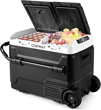 COSTWAY Car Refrigerator with Wheels, 53-Quart Dual-zone Dual-temperature Electric Cooler, 12V/24V DC, 100-240V AC, -4°F To 68°F, Portable Car Fridge Freezer for RV Camping, Black